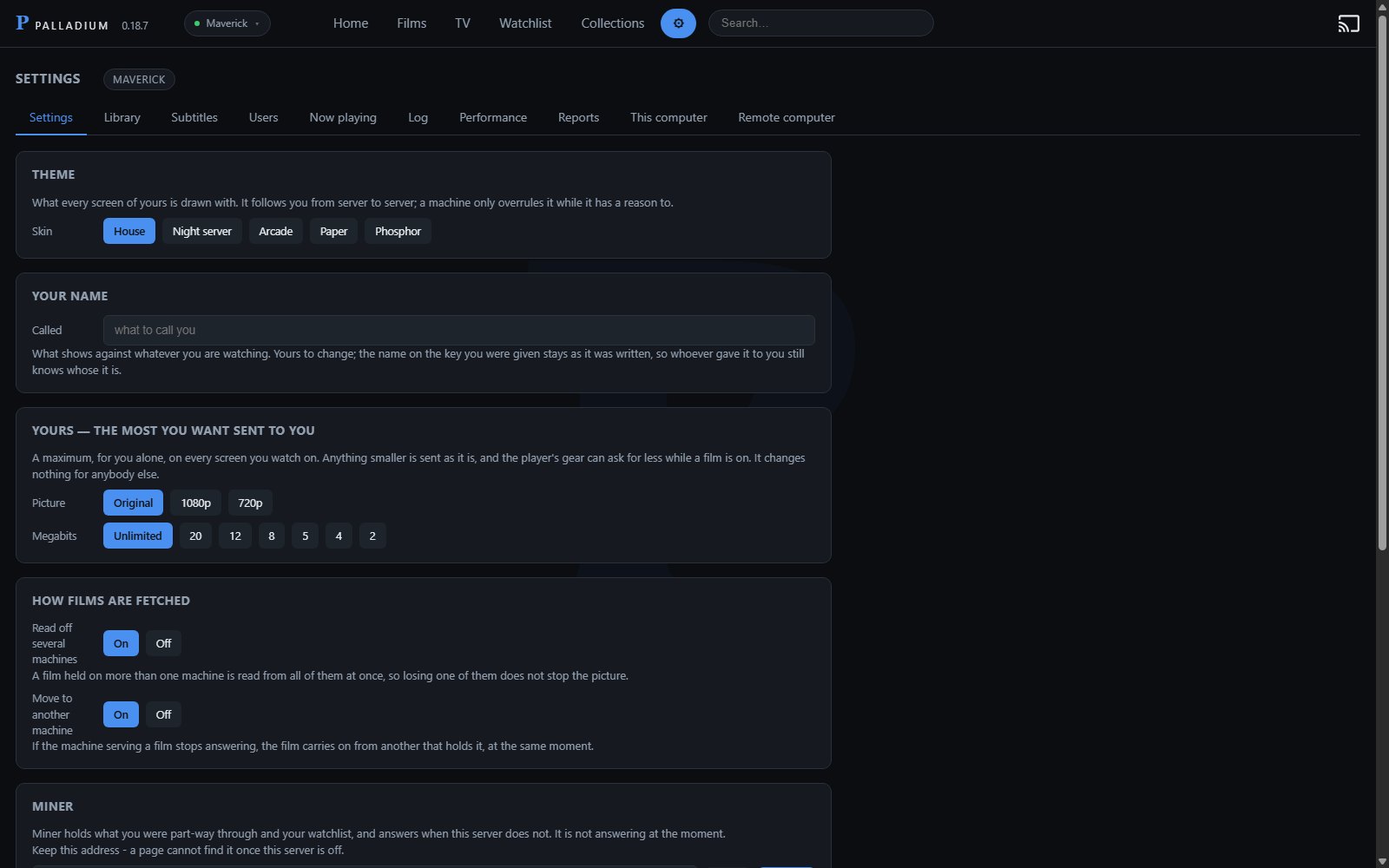 The settings screen: theme, name and the most sent to you
